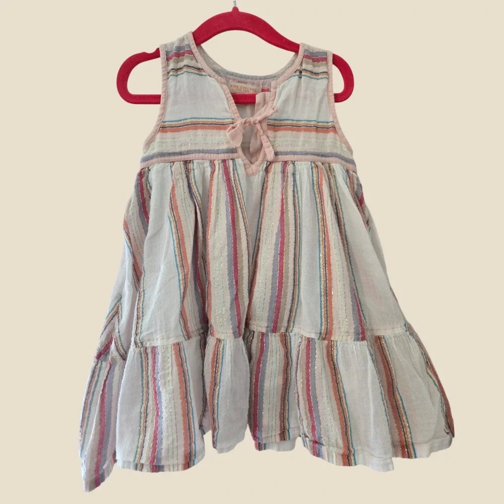 Pink Chicken Girls 2Y Striped Metallic Lurex Tiered Gauze Dress White Pink Blue